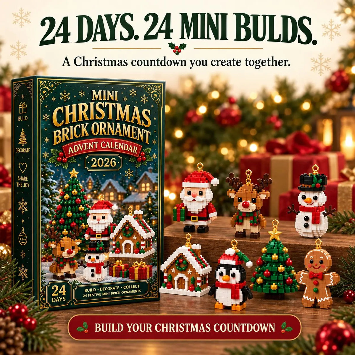 ⏳ Last day to save 60% – 🎄 24-Day Mini Christmas Ornament Advent Calendar | 24 unique festive buildable designs with hanging loops—perfect for decorating Christmas trees, wreaths, and holiday displays 🧱